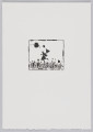 odbitka graficzna - Grafika przedstawia grupę stojących niewielkich postaci z biegnącym nad nimi czarnym człowiekiem w kapeluszu. Przedstawienie wpisane w prostokątną ramkę stojącą na dłuższym boku.