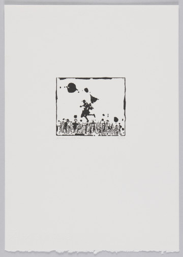 odbitka graficzna - Grafika przedstawia grupę stojących niewielkich postaci z biegnącym nad nimi czarnym człowiekiem w kapeluszu. Przedstawienie wpisane w prostokątną ramkę stojącą na dłuższym boku.