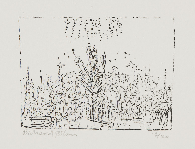 odbitka graficzna - Grafika przedstawia abstrakcyjną plątaninę linii i kształtów wypełniającą niemal całkowicie dolną połowę ramki, w której jest zamknięta. Pośrodku u góry odchodzące od górnej krawędzi linie stworzone z kropek. Przedstawienie w stworzonym z przerywanej linii prostokącie stojącym na dłuższym boku.