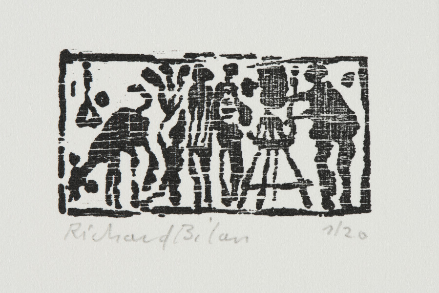 odbitka graficzna - Grafika przedstawia grupę czarnych postaci, wśród których po prawej stronie rozpoznać można malarza stojącego przy sztaludze. Z lewej strony widoczne zwierzę (pies?) z głową przy ziemi oraz ogonem w górze.