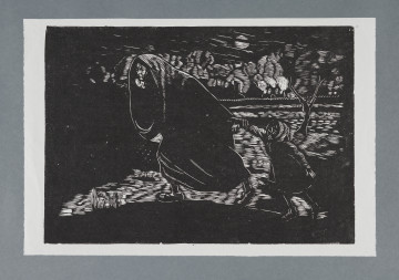 scena rodzajowa - Przez pole biegnie kobieta cała otulona w koc, lewą ręką trzyma za rękę, ciągnąc za sobą dziewczynkę w krótkim płaszczyku, w chusteczce na głowie. Ujęte w całej postaci, z lewego boku. Biegną przez zaśnieżone pola, w tle, z prawej zarys bezlistnego drzewa. W głębi – zarys ogrodzenia, zabudowania. Przez zachmurzone niebo przeziera księżyc w pełni.