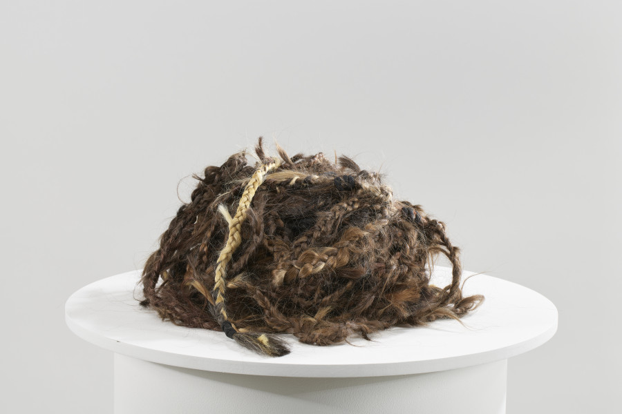 obiekt artystyczny - Długa lina zrobiona z warkocza uplecionego z naturalnych ludzkich włosów. Włosy różnią się kolorem i fakturą - różne pukle o podobnej długości zostały splecione ze sobą tak, że przechodzą płynnie, jeden w drugi.