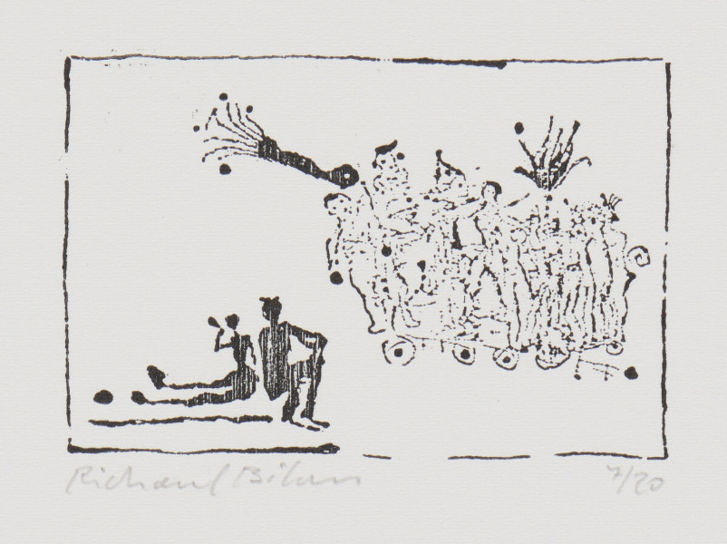 odbitka graficzna - Grafika z dwoma siedzącymi czarnymi postaciami oraz grupą stojących postaci obok. Siedzące postacie umiejscowione w lewym dolnym rogu sceny. Jedna z postaci siedzi z wyprostowanymi nogami, druga z nogami zgiętymi w kolanach. Przedstawienie wpisane w prostokątną ramkę stojącą na dłuższym boku.