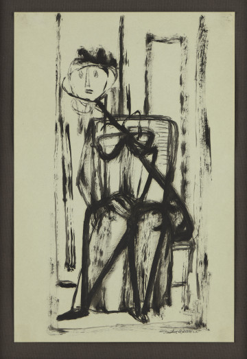 kompozycja figuralna - Kompozycja z figurą ludzką, ujętą frontalnie, w całej postaci. Monumentalna sylwetka kobiety (?) narysowana jest mocnym, czarnym konturem, forma uproszczona i zgeometryzowana. Sylwetka nie ma głowy i szyi. Z prawej strony postaci, oddzielnie okrągła głowa na długim, ukośnie biegącym kiju. W tle szerokie pionowe linie tworzą ramę dla figury.