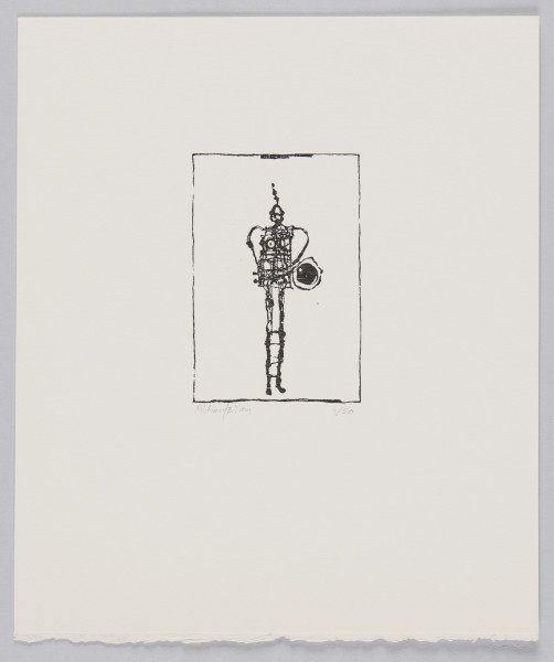 odbitka graficzna - Grafika przedstawia stojącą w centrum postać z prostokątnym ażurowym, drucianym tułowiem. Ręce oraz nogi postaci cienkie. Na wysokości pasa postaci, obok czarny okrągły niezidentyfikowany przedmiot. Przedstawienie wpisane w prostokątną ramkę stojącą na krótszym boku.