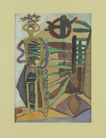 akwarela - Z lewej strony kompozycji ujęta frontalnie, wyabstrahowana, niemal transparentna figura ludzka, w partii tułowia wypełniona poziomymi pasami zielonej farby; podobnie w prawej nodze oraz głowy z przenikającymi się owalnymi formami i zielonym krzyżem. Z prawej strony w górnej części niewielki otwór – okno. Okno i figura połączone są grubymi, zielonymi pasami, które jak lina „opasują” i „wiążą” nogi i tułów postaci. Obraz utrzymany w ciepłych odcieniach brązów, żółcieni, zieleni.