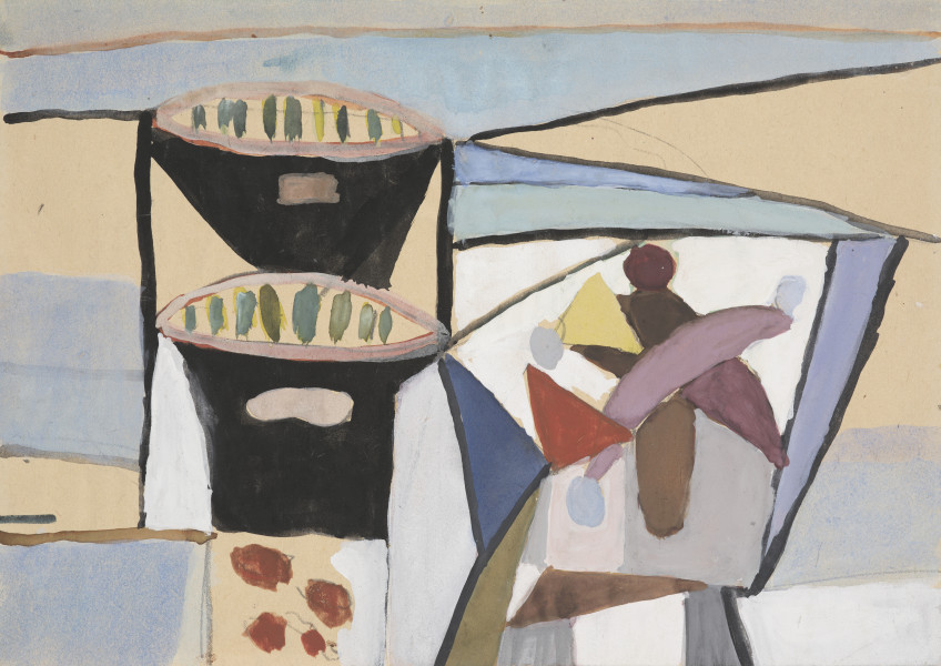 kompozycja abstrakcyjna - Kompozycja abstrakcyjna. Utrzymana w przygaszonej, łagodnej kolorystyce – piaskowych beży, błękitów, brązów i jasnej zieleni – kompozycja zbudowana w wydzielonych czarnym konturem figur, z mocnym akcentem czerni dwóch wież (?) pośrodku kompozycji. Z prawej strony – leżące postacie (?).