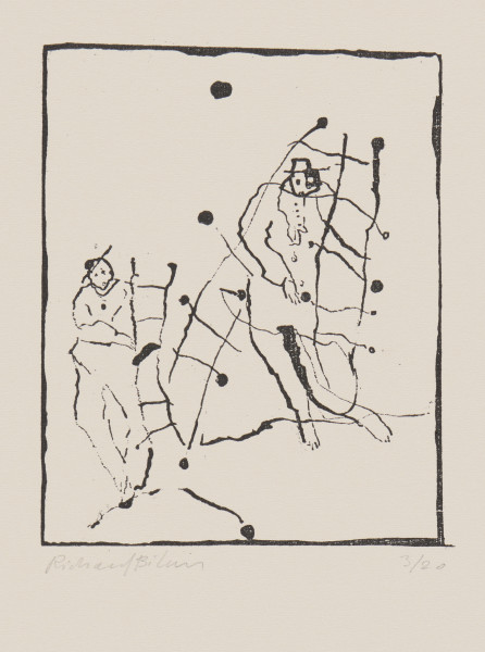 odbitka graficzna - Grafika z dwoma postaciami w kapeluszach. Postać po prawej stronie, stojąca wyżej, trzyma dwie drabiny, postać po lewej, usytuowana niżej, trzyma jedną drabinę. Przedstawienie wpisane w prostokątną ramkę stojącą na krótszym boku.