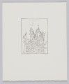 odbitka graficzna - Grafika przedstawia grupę postaci oraz zwierząt. Przy lewej krawędzi sceny drzewo. U góry widoczne dwie postaci w nakryciach głowy. Jedna z postaci trzyma parasol (?). Nad nimi padający deszcz. Przedstawienie wpisane w prostokątną ramkę stojącą na krótszym boku.