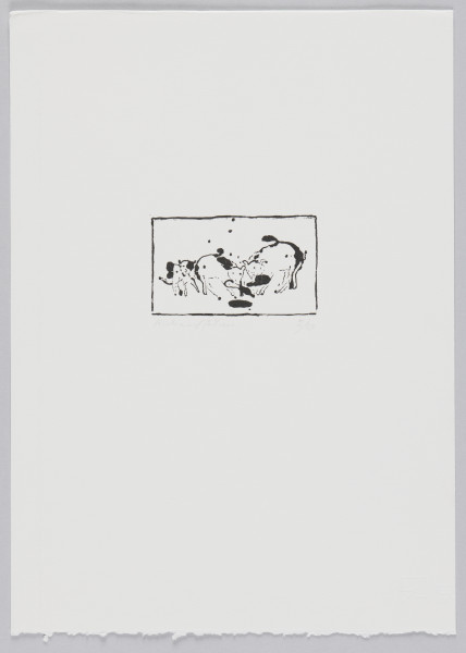 odbitka graficzna - Grafika przedstawia trzy zwierzęta, prawdopodobnie dwie świnie oraz cielę. Zwierzęta patrzą w stronę widza. Przedstawienie wpisane w prostokątną ramkę stojącą na dłuższym boku.