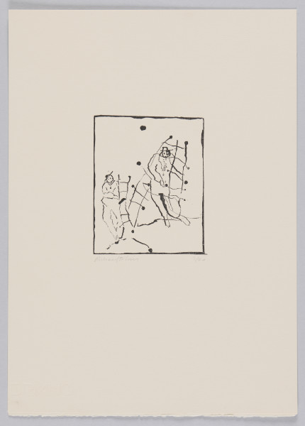 odbitka graficzna - Grafika z dwoma postaciami w kapeluszach. Postać po prawej stronie, stojąca wyżej, trzyma dwie drabiny, postać po lewej, usytuowana niżej, trzyma jedną drabinę. Przedstawienie wpisane w prostokątną ramkę stojącą na krótszym boku.