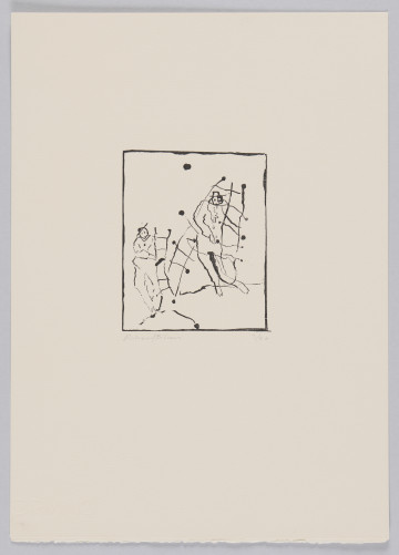 odbitka graficzna - Grafika z dwoma postaciami w kapeluszach. Postać po prawej stronie, stojąca wyżej, trzyma dwie drabiny, postać po lewej, usytuowana niżej, trzyma jedną drabinę. Przedstawienie wpisane w prostokątną ramkę stojącą na krótszym boku.