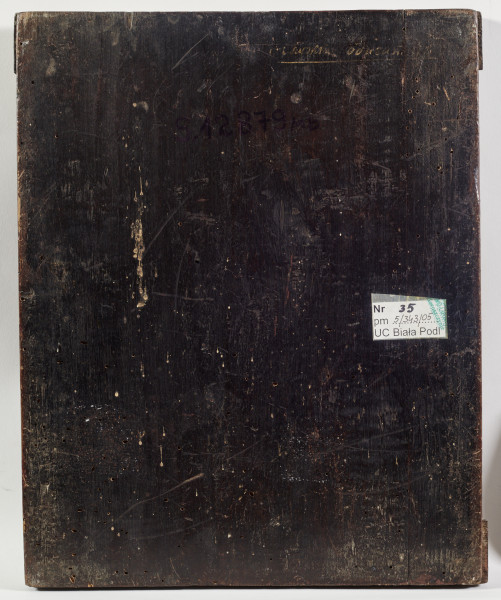 ikona Bogurodzica Hodigitria Smoleńska w półpostaci; Dzieciątko siedzi po prawej stronie, prawicą błogosławi, w lewicy trzyma zwinięty zwój