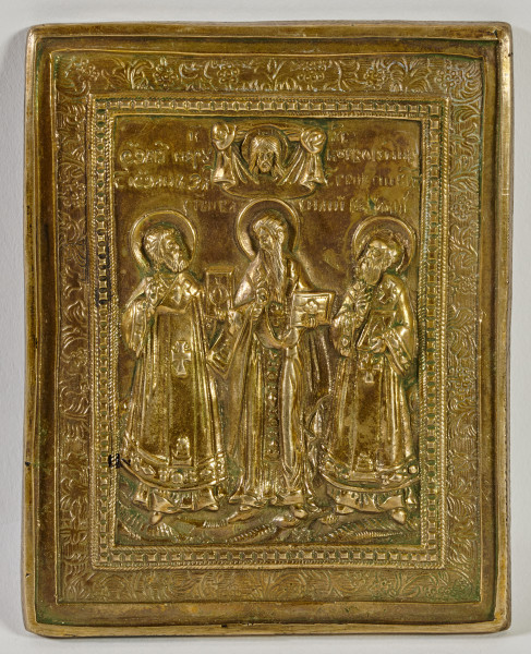 ikona Sobór Ojców Kościoła stojących w całej postaci, odzianych w szaty biskupie, w górnej części Mandylion z obliczem Zbawiciela; inskrypcje cyrylickie opisujące postacie i przedstawienie(Wiele wartości)