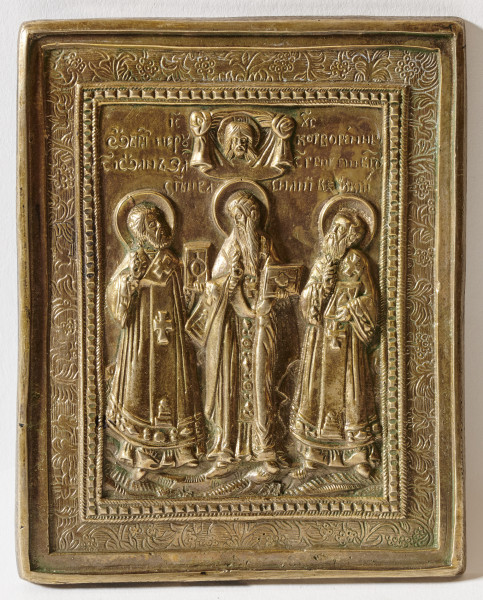 ikona Sobór Ojców Kościoła stojących w całej postaci, odzianych w szaty biskupie, w górnej części Mandylion z obliczem Zbawiciela; inskrypcje cyrylickie opisujące postacie i przedstawienie(Wiele wartości)