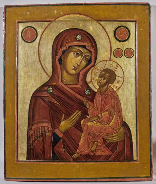 ikona z wizerunkiem Bogurodzicy Hodigitrii w półpostaci, z Dzieciątkiem po prawej stronie