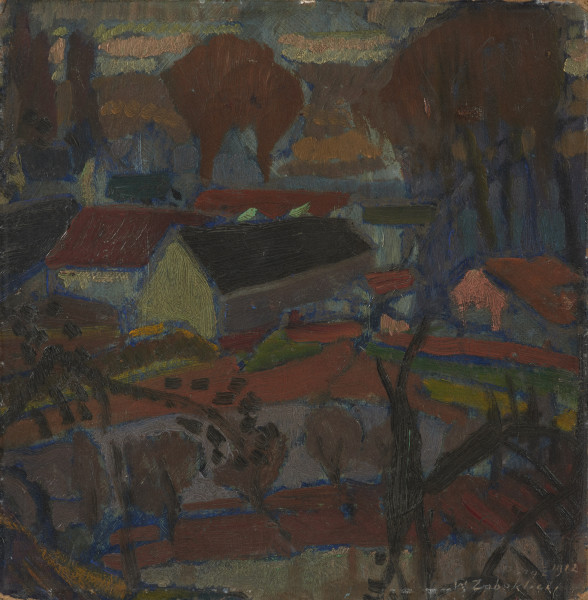 pejzaż wiejski - ujęcie z przodu; Ujęty z wysoka krajobraz, w centrum luźna zabudowa z niewysokimi domami. Na pierwszym planie ornament linearny konarów drzew. Za domami drzewa przesłaniające częściowo płaszczyznę dolnego planu.