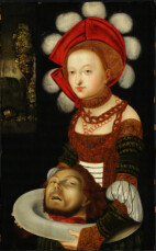 Salome i z głową Jana Chrzciciela trzymaną na tacy, w tle po lewej krajobraz. Fotografia gigapixel - w bardzo wysokiej rozdzielczości
