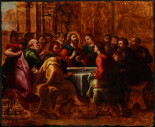 Ostatnia wieczerza, na środku stół przy którym w centrum siedzi Jezus, otaczają go uczniowie, w tle fragmenty architektury. Fotografia gigapixel o bardzo wysokiej rozdzielczości